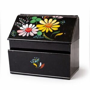 Vintage Ransburg Black Toleware Handpainted Floral Recipe Box